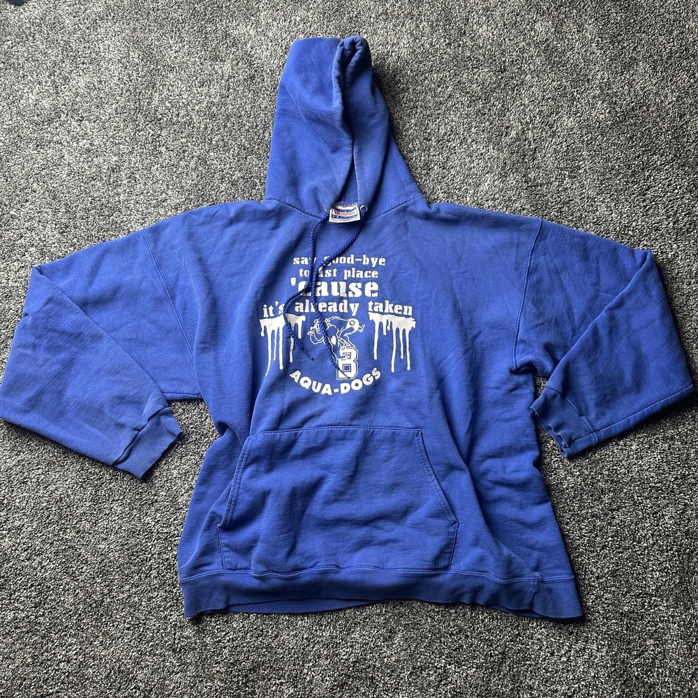 BHS Swim Aqua‎ Dogs Hoodie Mens Large Blue Hanes Graphic Pullover Sweatshirt